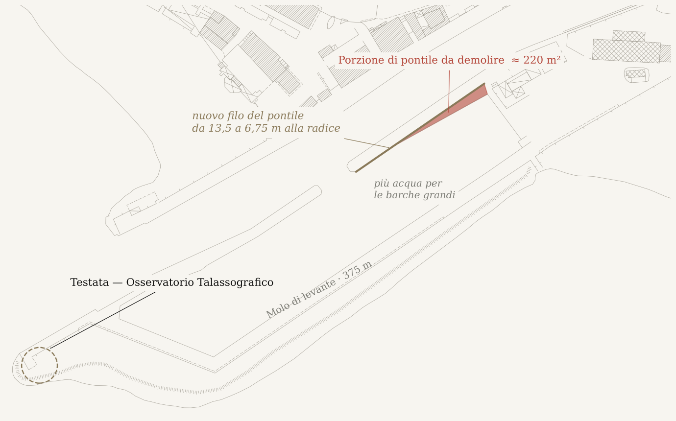 Schema della darsena: il pontile interno assottigliato e l'osservatorio in testata