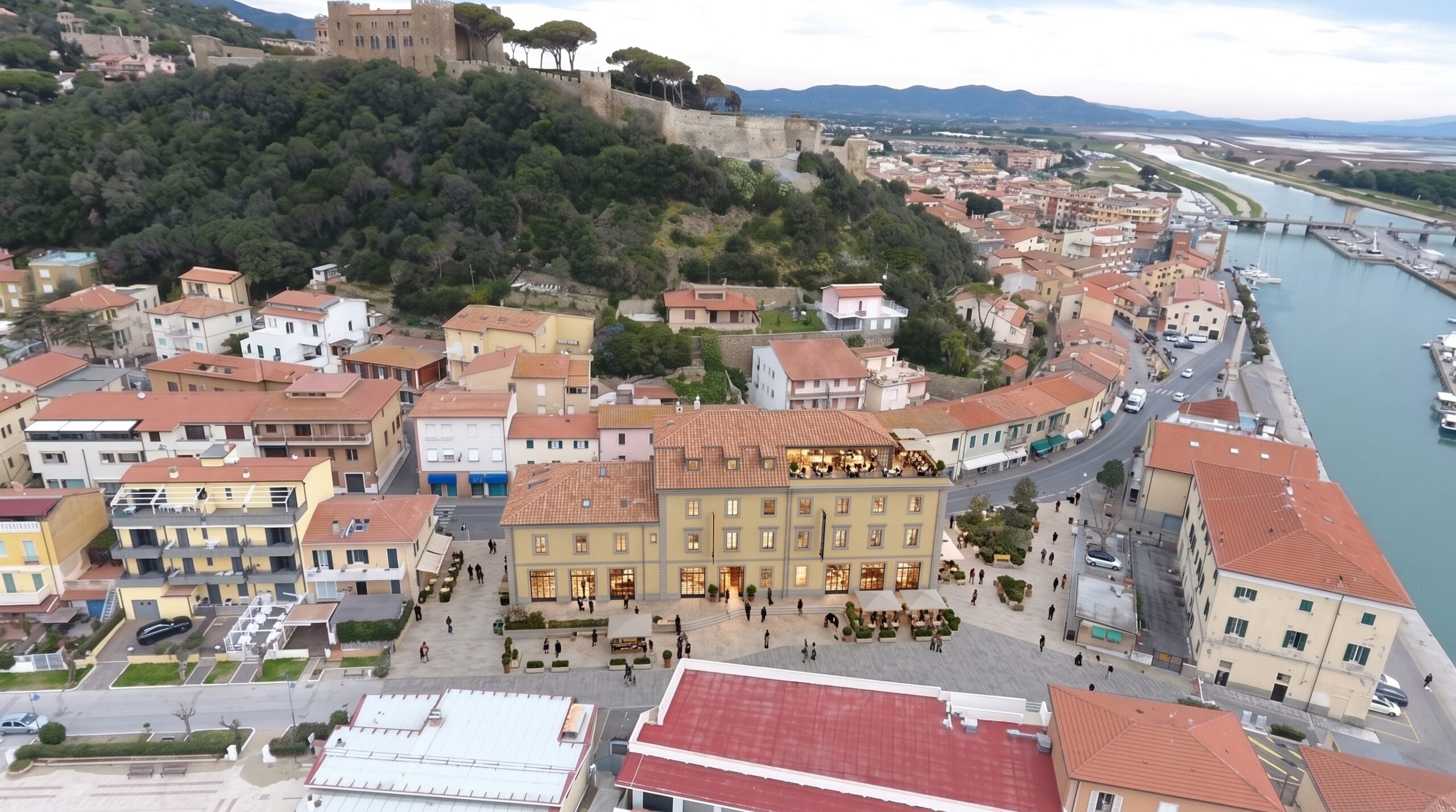 Fotoinserimento: l'ex Palazzo Comunale riqualificato e Piazza Orsini pedonale, con il castello e il porto canale