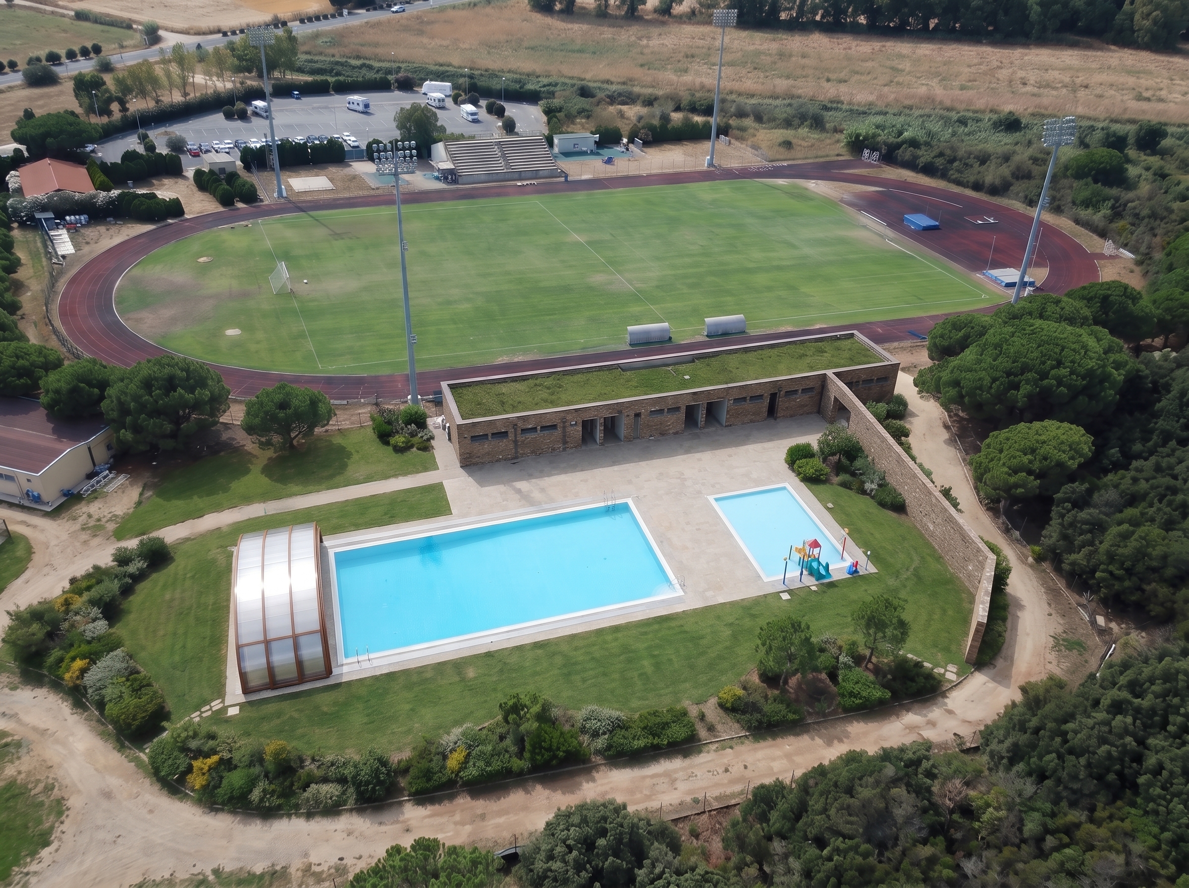 Fotoinserimento: la piscina a filo prato tra la pineta e il campo d'atletica di Casamora